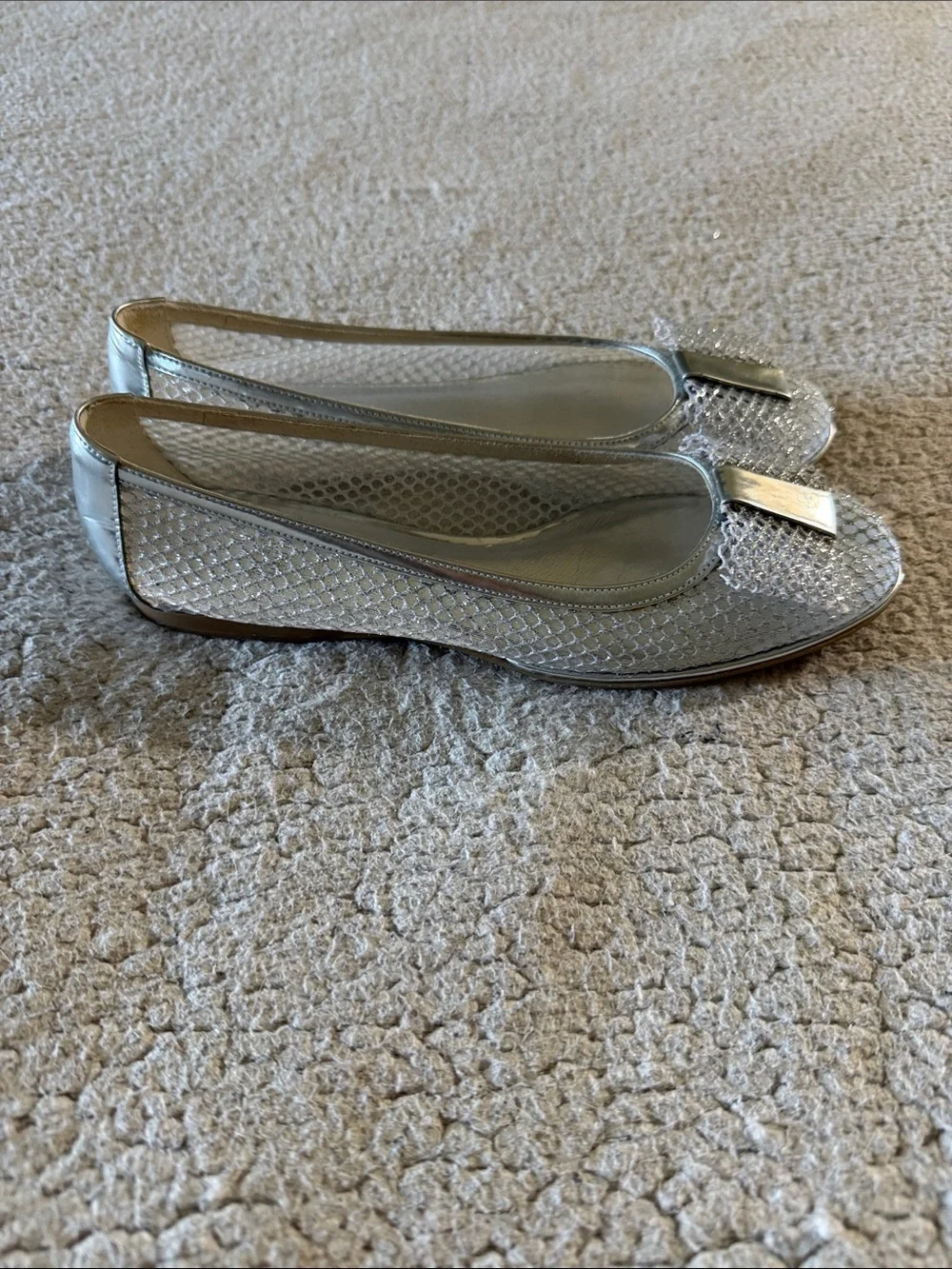 Stuart Weitzman Silver Mesh Ballet Flats with Metallic Bow Toe Accent 7.5 N